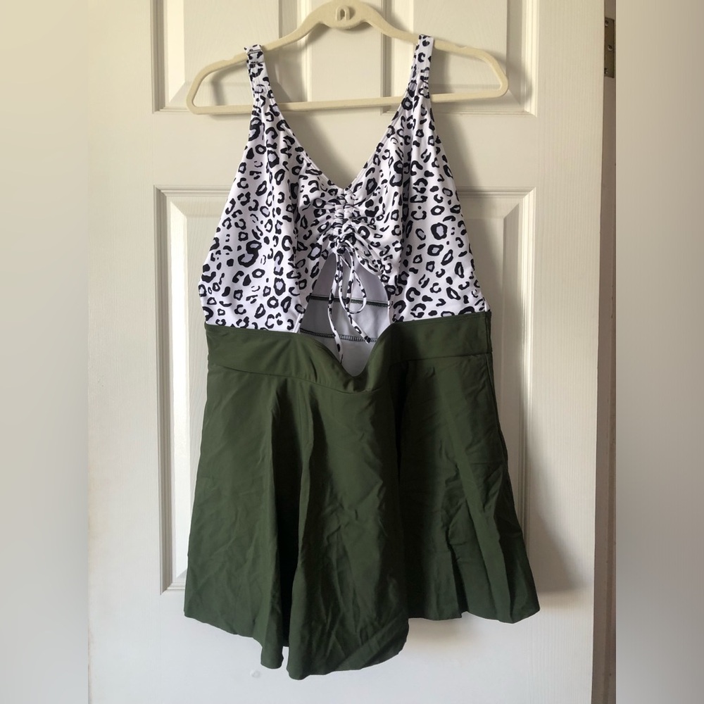 Olive Green and White Leopard One-Piece Swimdress